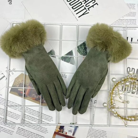 2/$30 Touchscreen Winter Gloves Olive Green Mink Faux Fur Wrist Surround - Picture 1 of 5